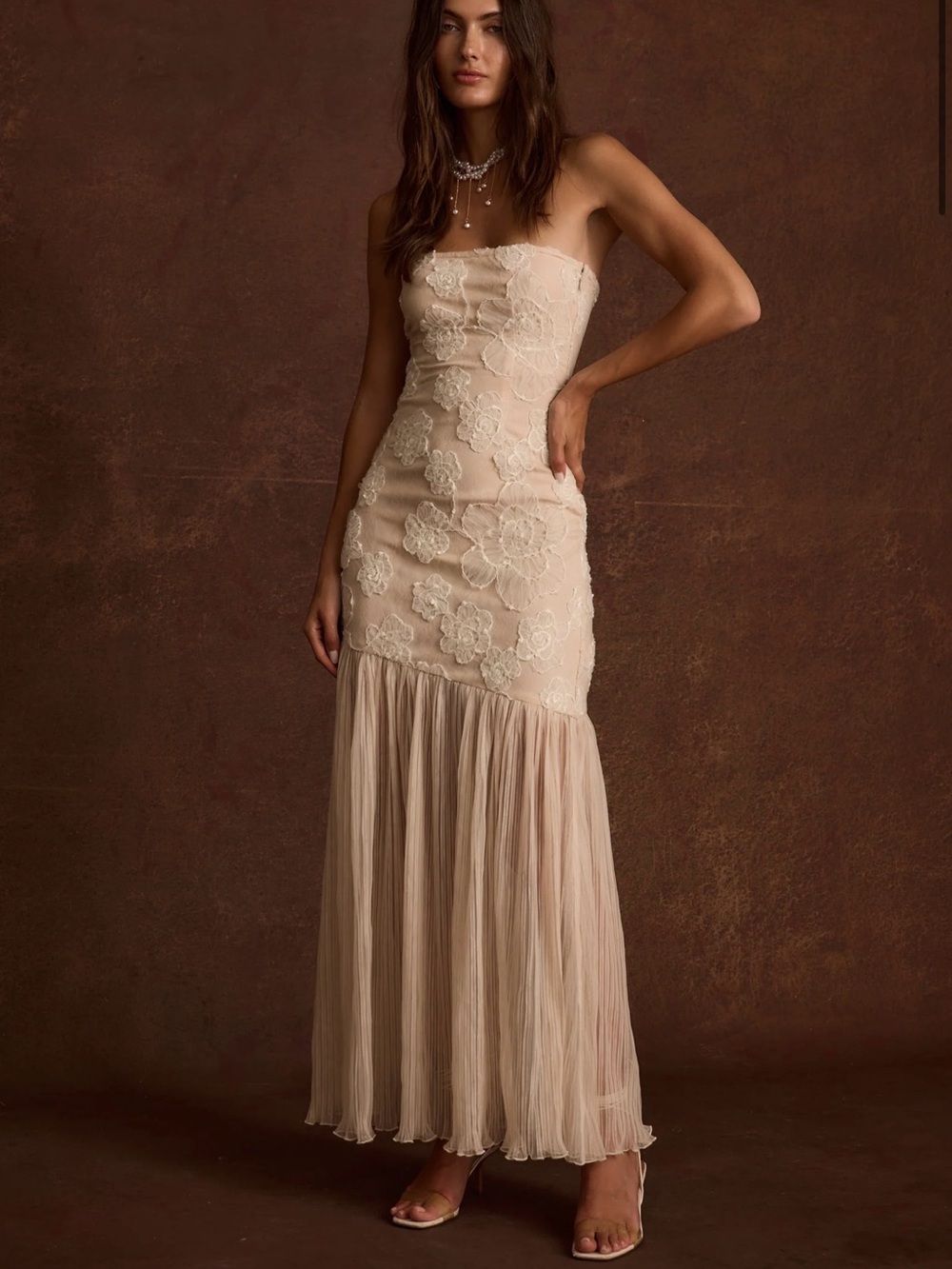 12th Tribe Strapless Floral Appliqué Maxi Dress in Blush Nude